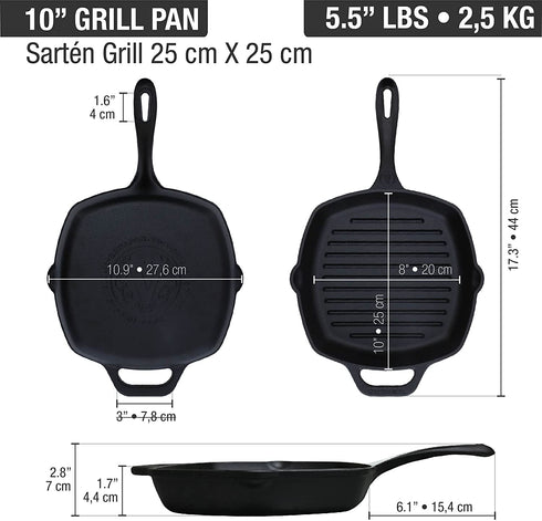 Victoria Cast Iron Grill Pan. Square Grill Pan, Seasoned with 100% Kosher Certified Non-GMO Flaxseed Oil, Black